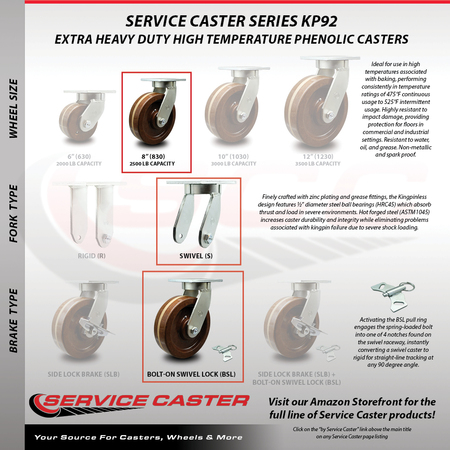 Service Caster 8 Inch Heavy Duty High Temp Phenolic Swivel Caster Swivel Locks 2 Brakes, 2PK SCC-KP92S830-PHRHT-BSL-2-SLB-2